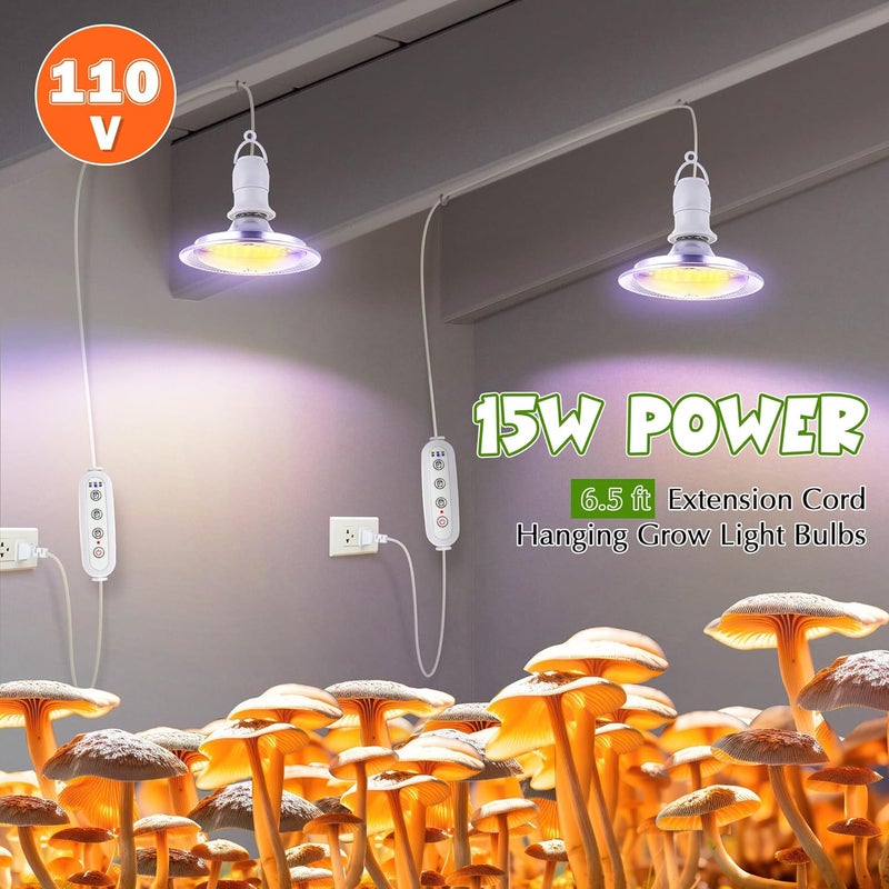 Meonum Mushroom Grow Light with 3/6/9 Hour Timer, 360° LED Hanging Grow Lights Bulb for Mushroom with 6.5ft Extension Cord, 6000K Blue&5000K White Lamp for Indoor Plants Growing Kit Supplies(2 Pack) - Image 4